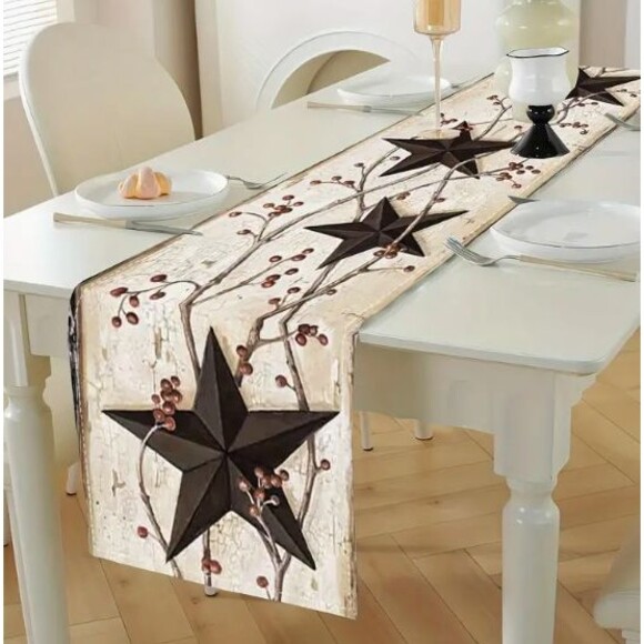 Table Runner 13x72in Woven Polyester Rustic Farmhouse Star & Vine - Picture 2 of 3